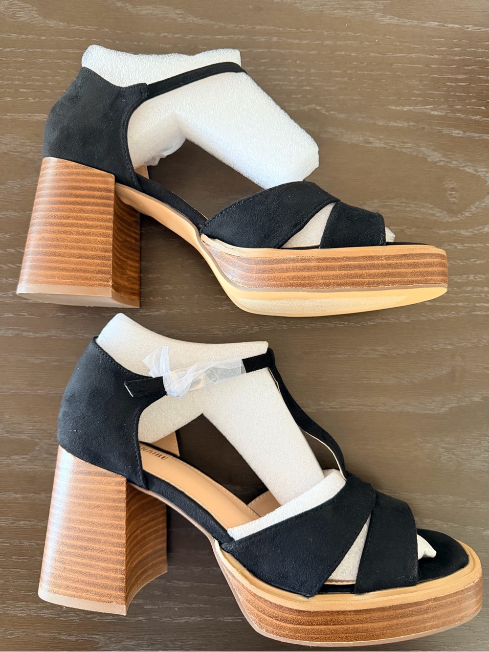 Cushionaire Black Suede Platform Sandals with 3in Wood-Look Block Heels. NWOT